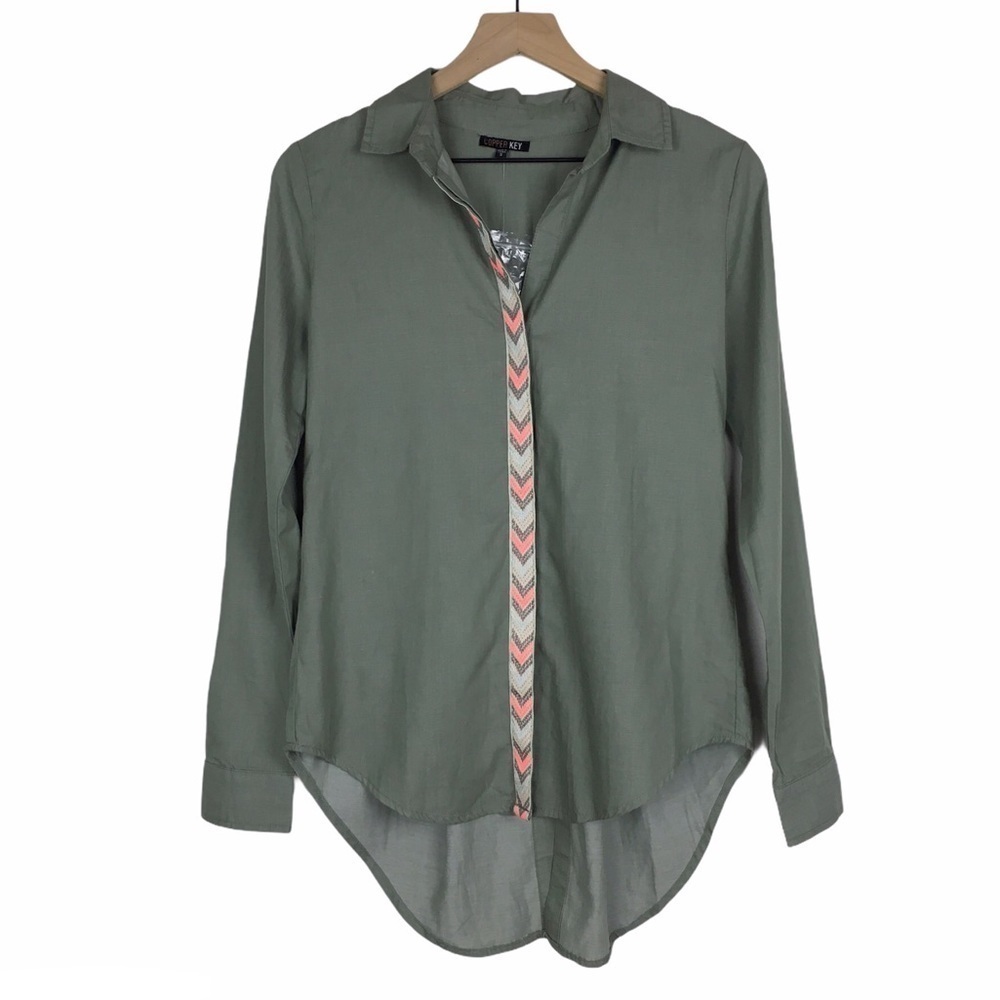 COPPER KEY Shirt Button Up Long Sleeve Embroidered Hi Lo Southwestern Size Small